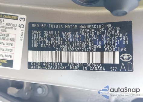 2007 Toyota Corolla Le from USA, damaged, VIN 2T1BR32E37C717730